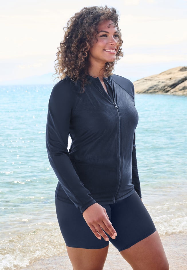 Chlorine Resistant Long-Sleeve Colorblock Swim Tee image number 2