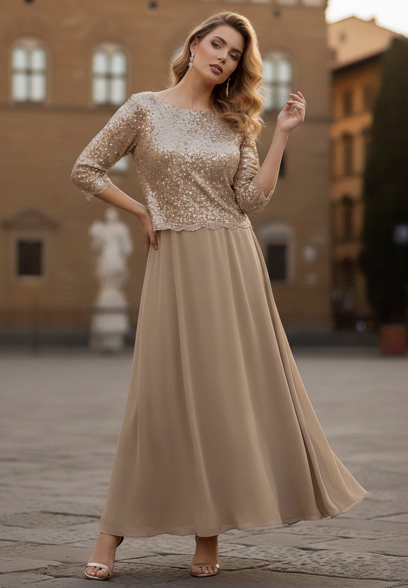 Plus Size Sequin Lace Three Quarter Sleeve A-Line Gown image number 0