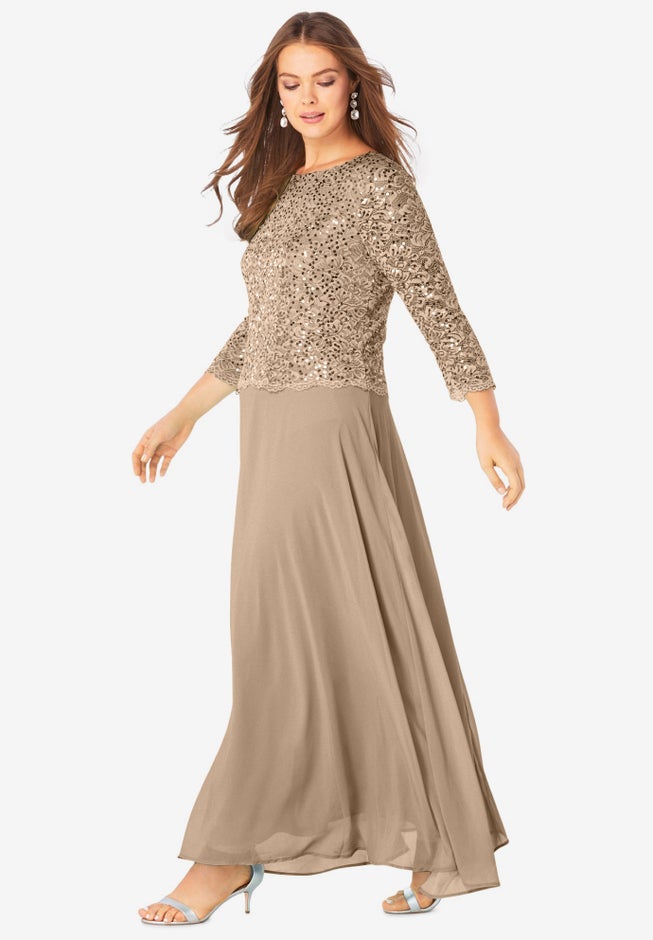 Plus Size Sequin Lace Three Quarter Sleeve A-Line Gown image number 3