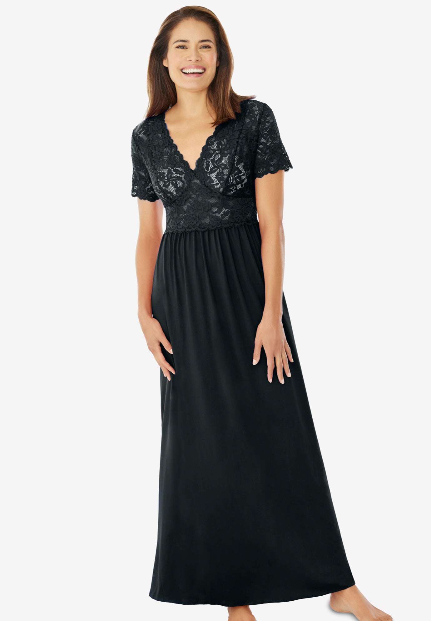 Long Lace Top Stretch Knit Gown image number 0