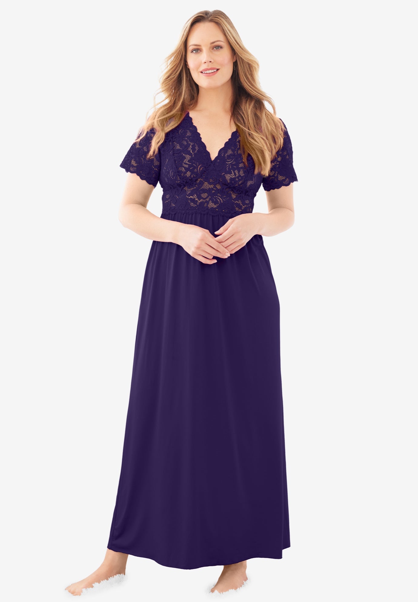 Long Lace Top Stretch Knit Gown image number 0