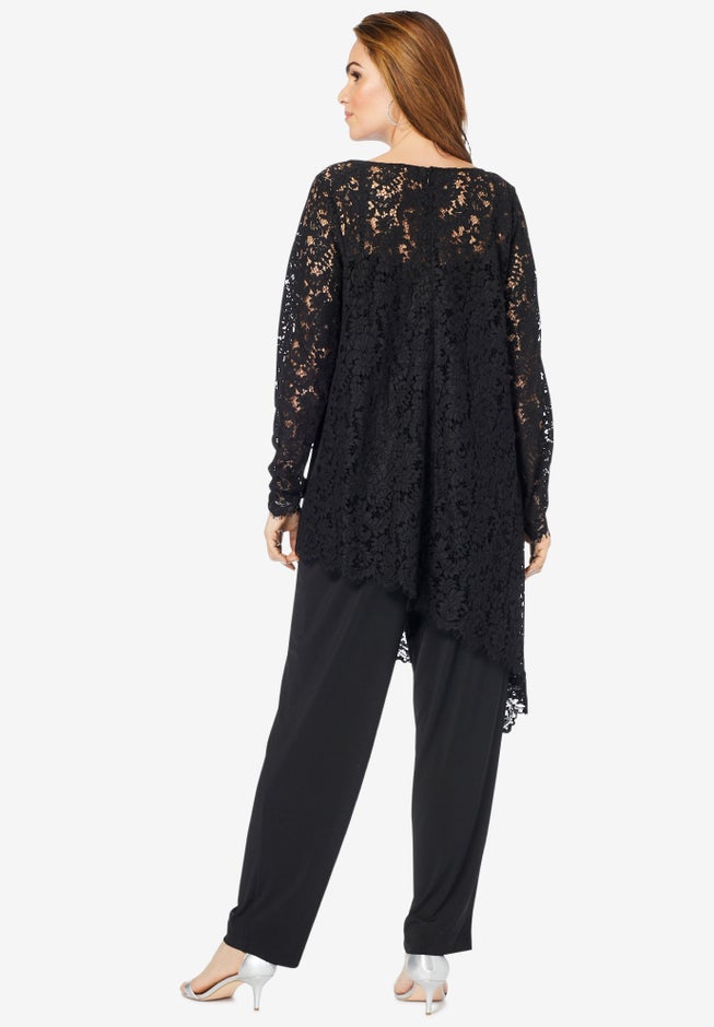 Plus-Size Asymmetrical Lace Pant Set &ndash;Long Sleeve Lace Scalloped Tunic & Elastic Waist Pants image number 1