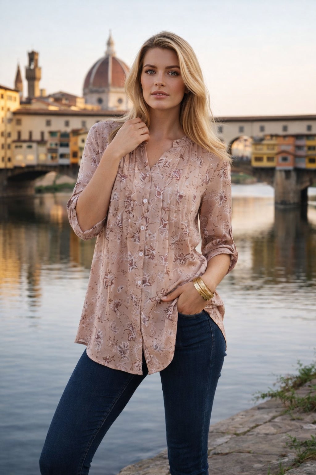 Plus Size Floral Y-Neck Pintuck Tunic &ndash; Adjustable Long Sleeve Button-Front, Relaxed Shirt Style image number 4