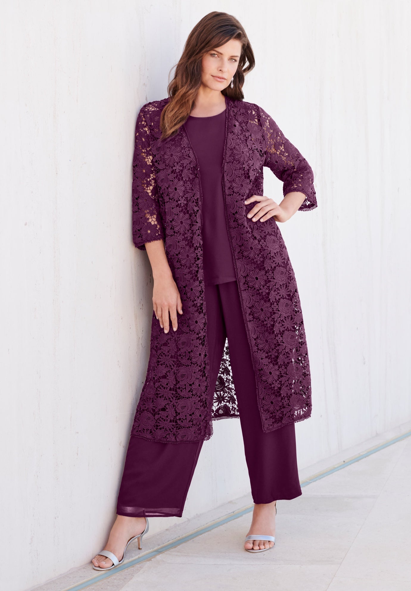 Plus Size 3-Piece Allover Lace Duster Pant Set &ndash; Formal Wear image number 0