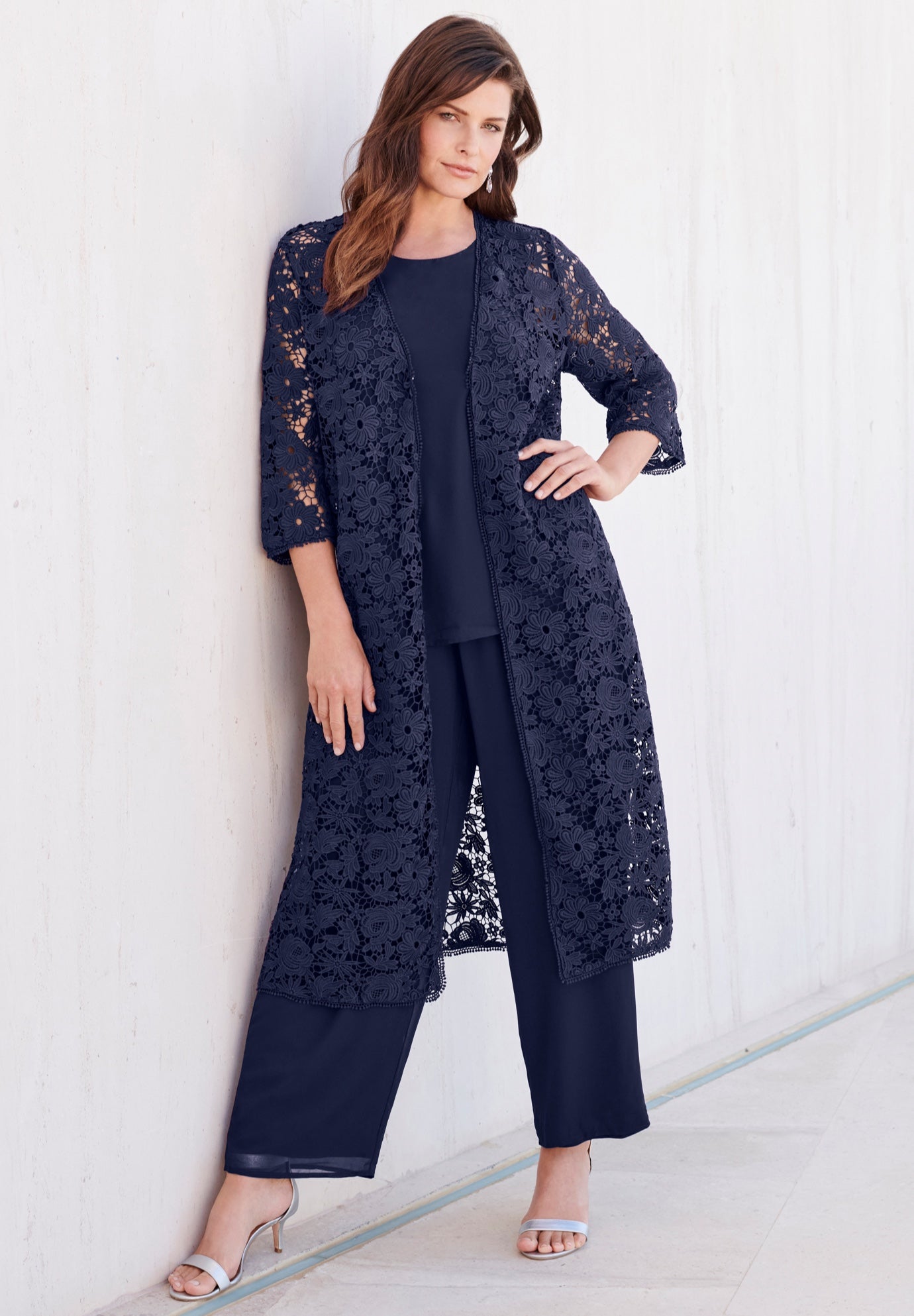 Plus Size 3-Piece Allover Lace Duster Pant Set &ndash; Formal Wear image number 0