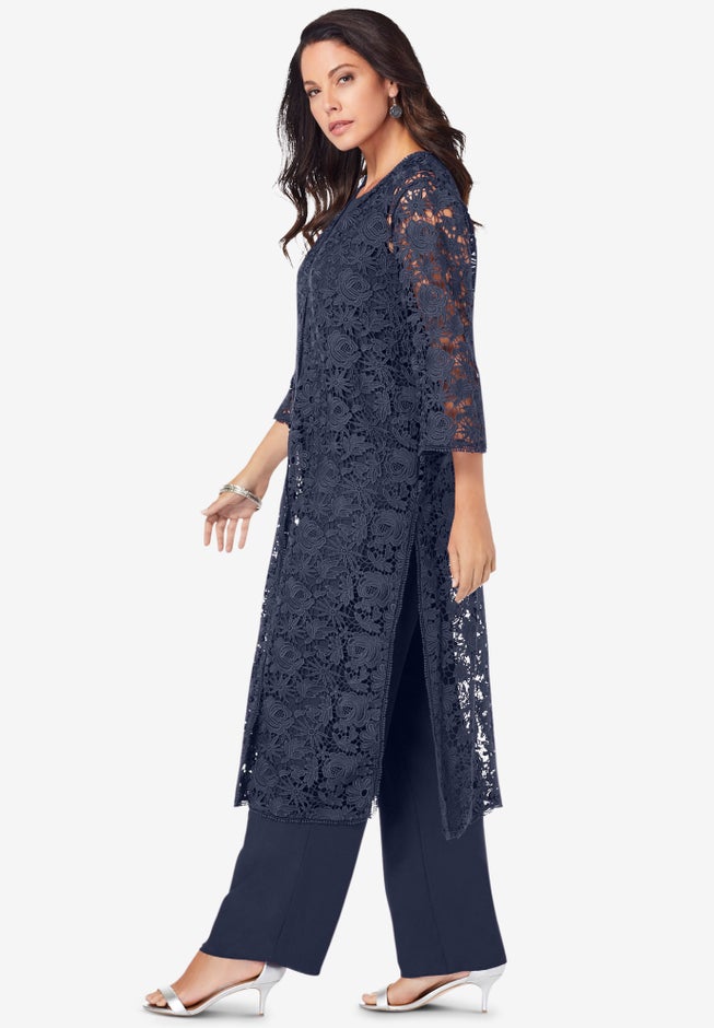 Plus Size 3-Piece Allover Lace Duster Pant Set &ndash; Formal Wear image number 3