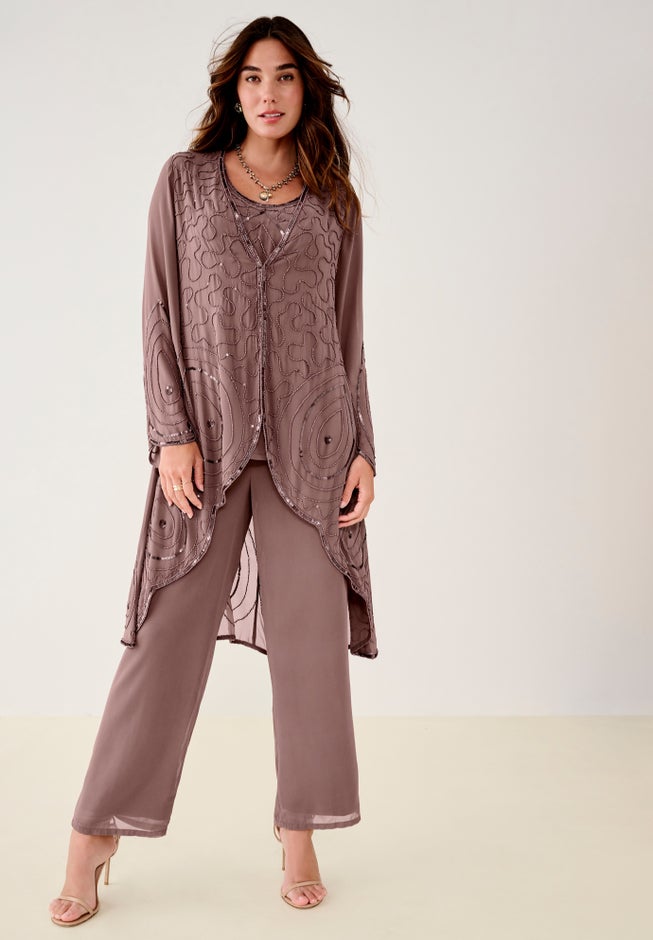 Plus Size Beaded Georgette Scoop Neck 3-Piece Pant Set image number 5
