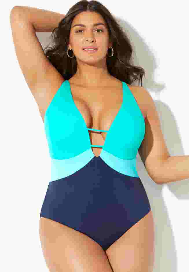 Colorblock V-Neck One Piece Swimsuit image number 0