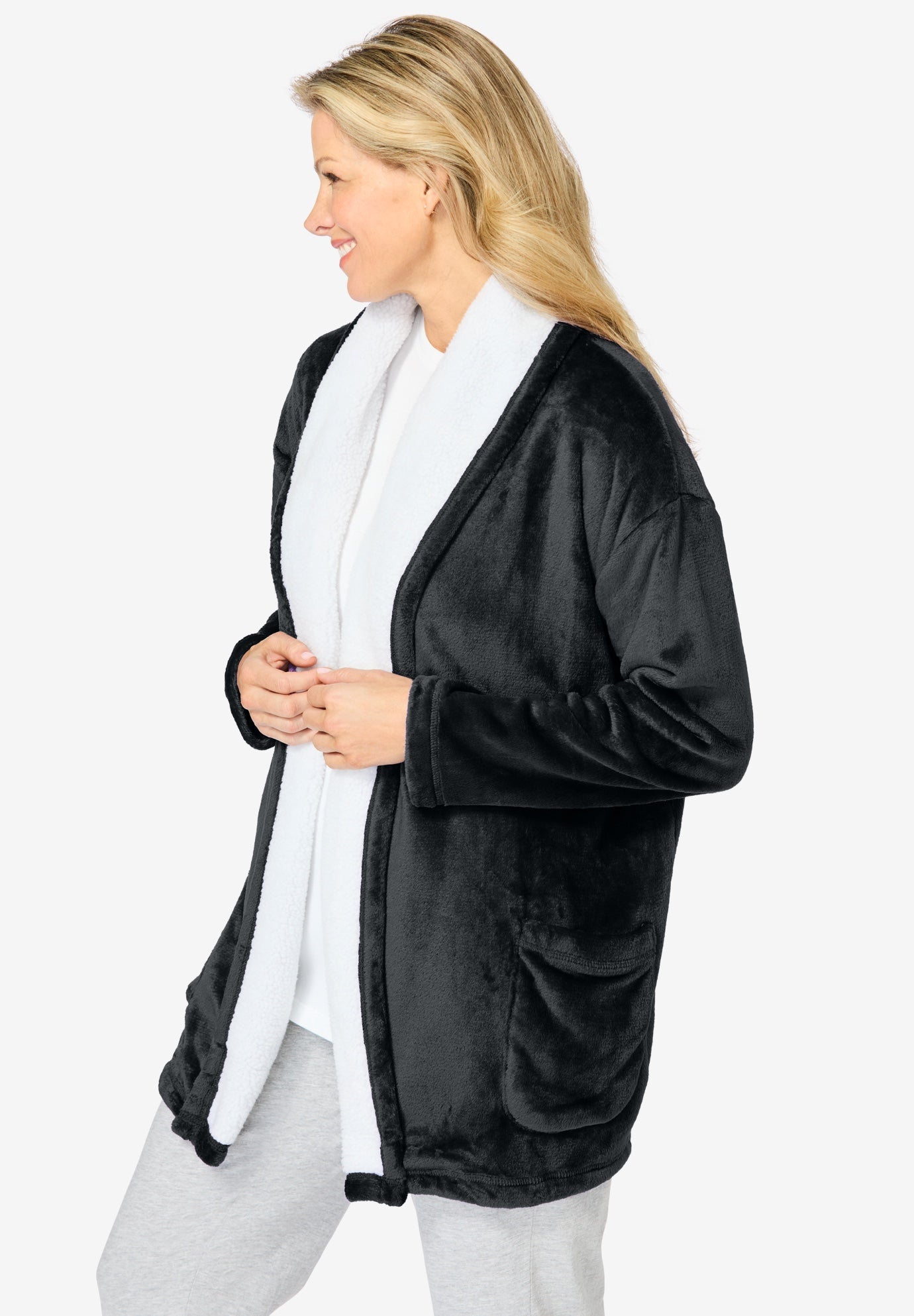 Sherpa Lined Collar Microfleece Bed Jacket  image number 2