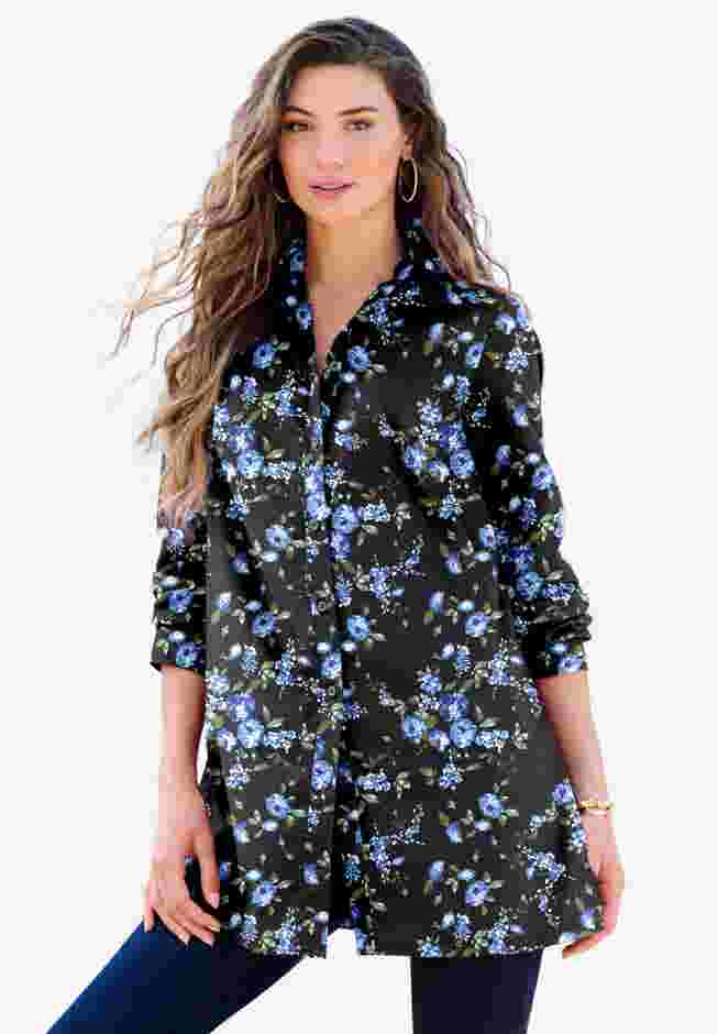 Plus Size Kate Long Sleeve Tunic Easy Cotton-Blend Button-Front Shirt image number 5