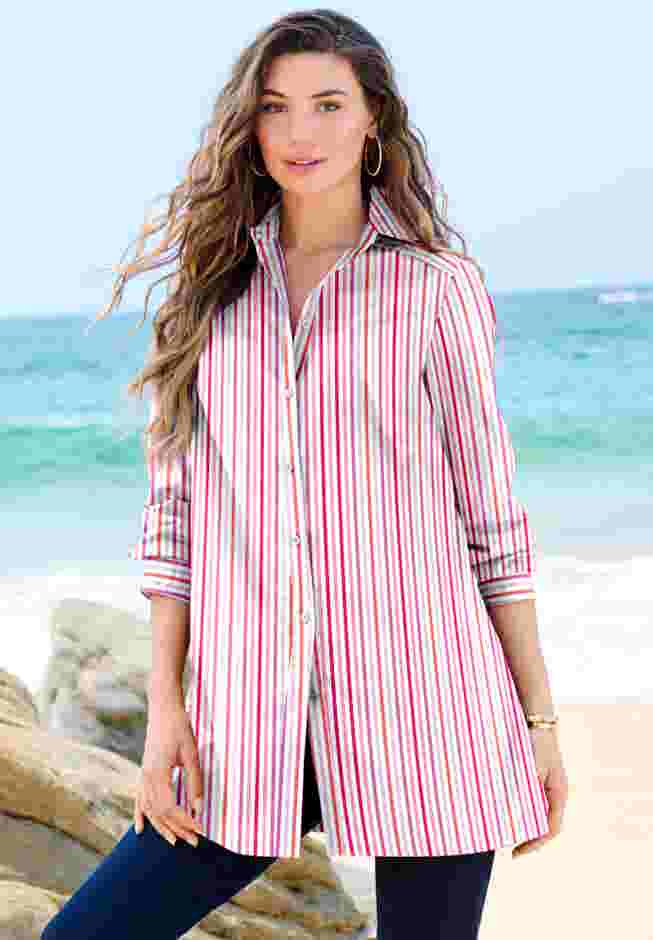 Plus Size Kate Long Sleeve Tunic Easy Cotton-Blend Button-Front Shirt image number 6