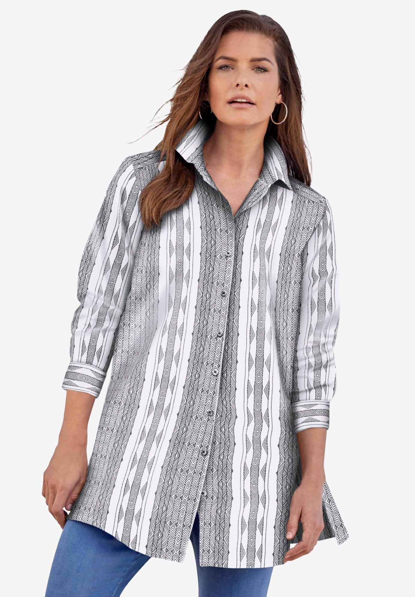 Plus Size Kate Long Sleeve Tunic Easy Cotton-Blend Button-Front Shirt image number 0