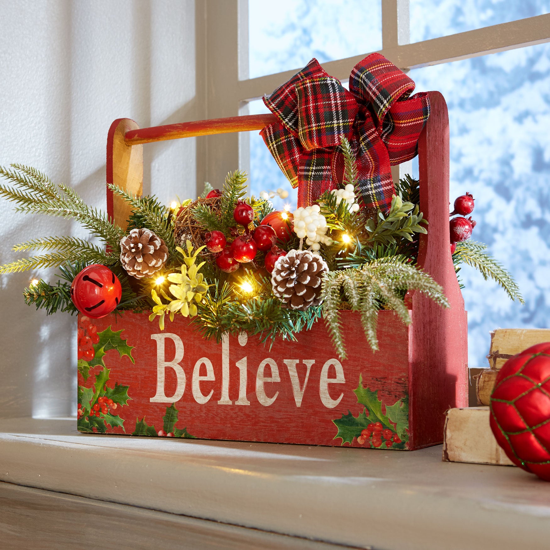 Pre-Lit "Believe" Wooden Basket image number 0
