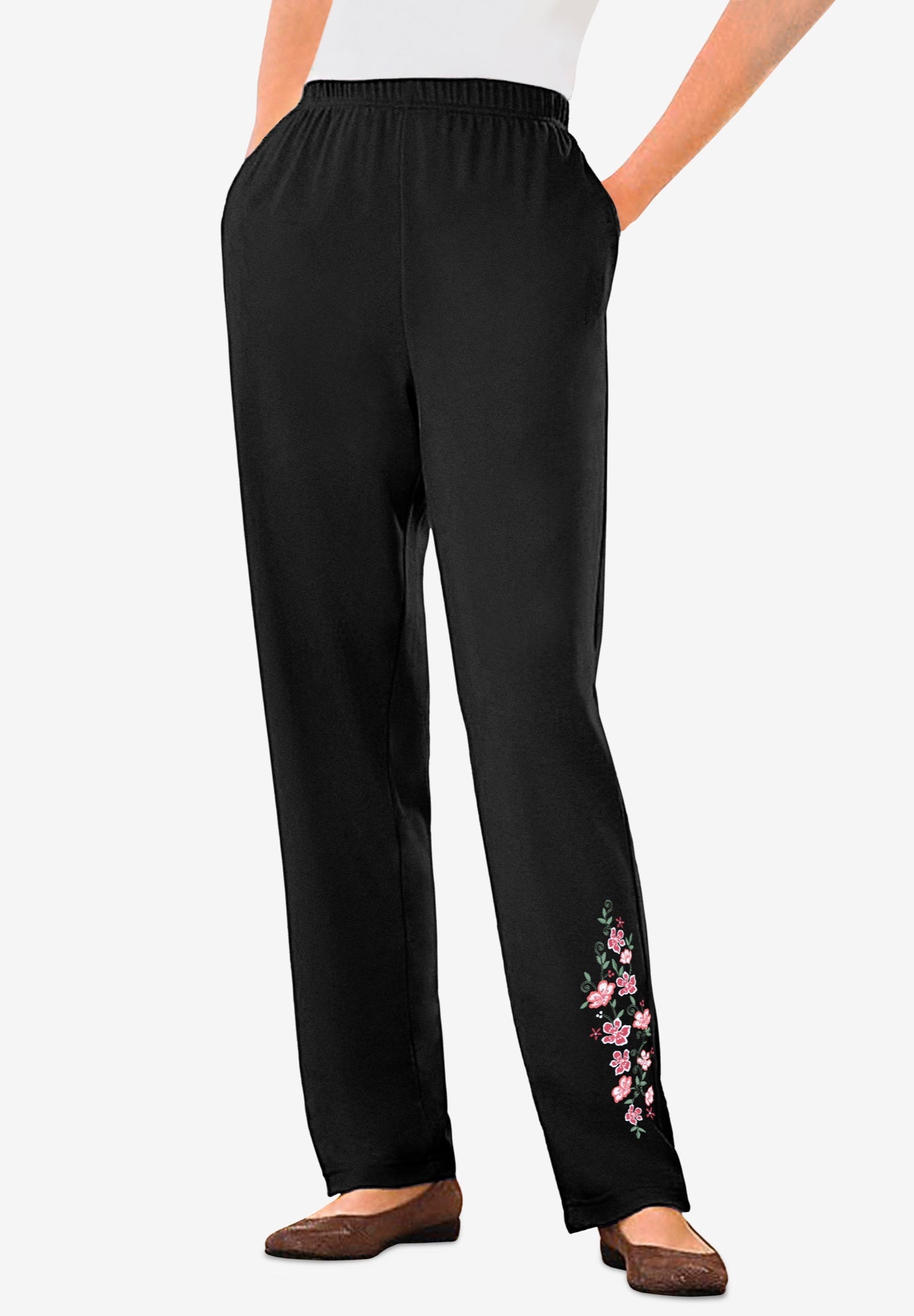 7-Day Knit Embroidered Straight-Leg Pull-On Pants image number 1