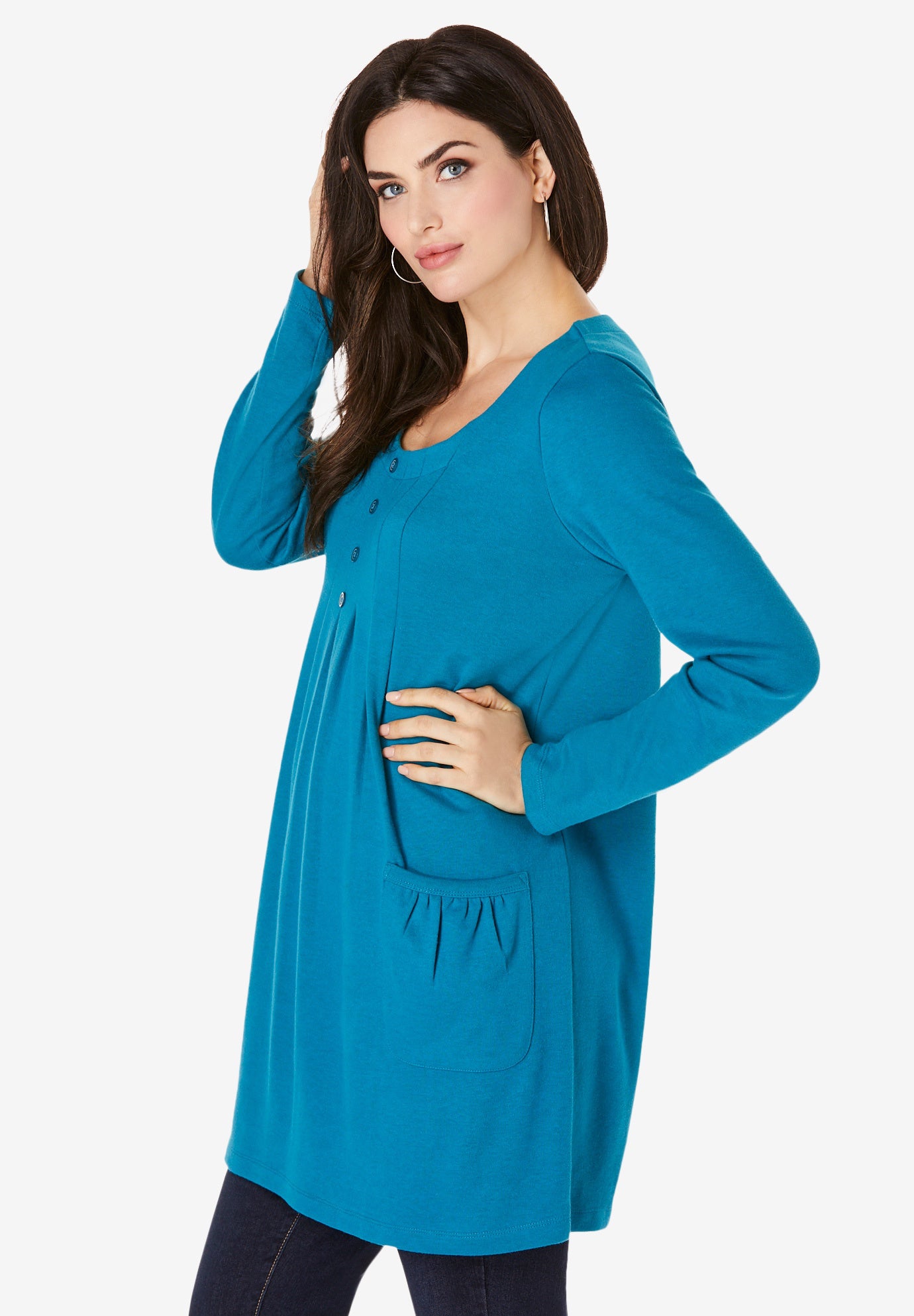 Plus Size Two Pocket Long Sleeve Soft Knit Swing Tunic image number 3