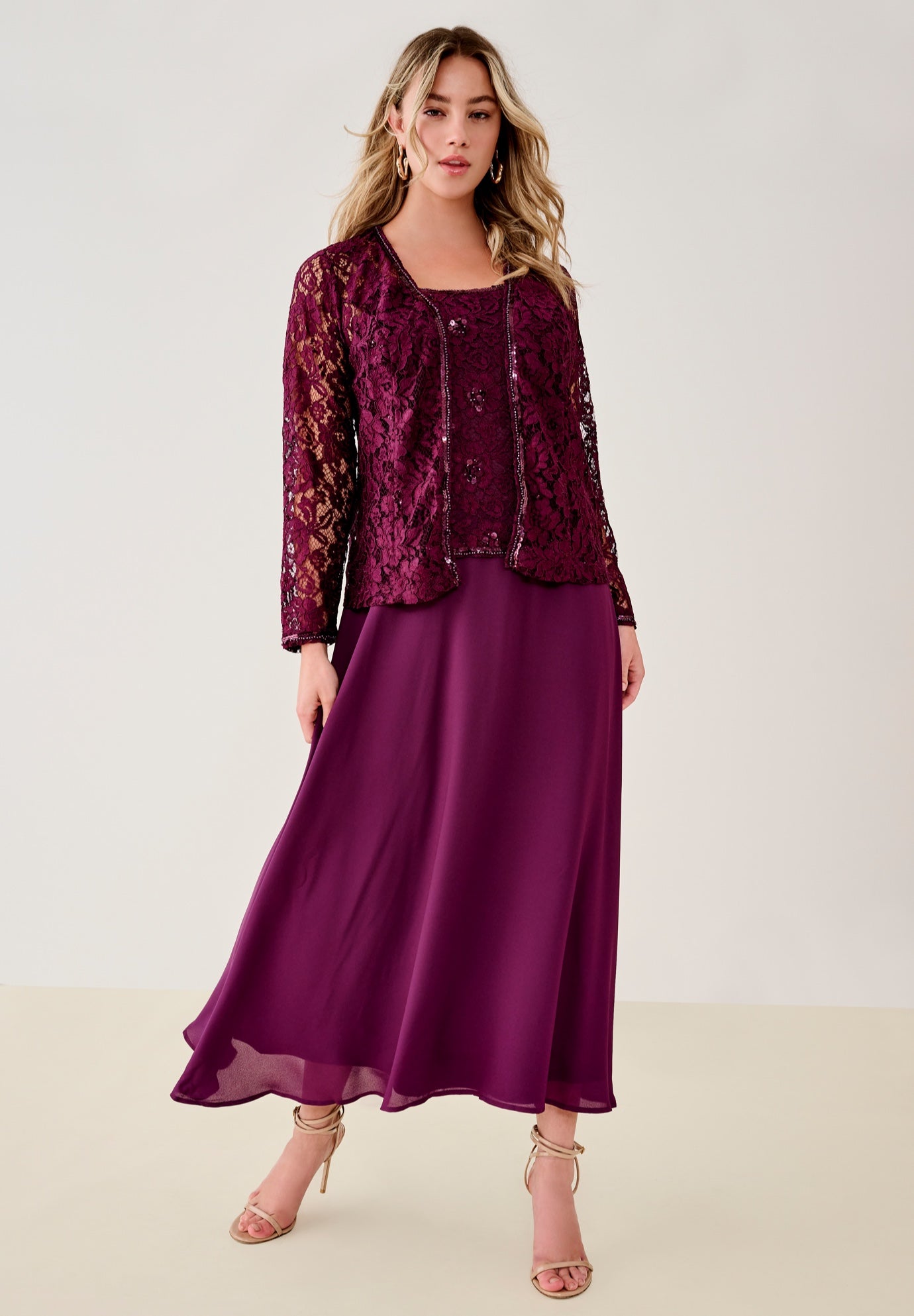 Plus-Size 2 Piece Long Sleeve Embellished Lace Jacket and Full Gown image number 0