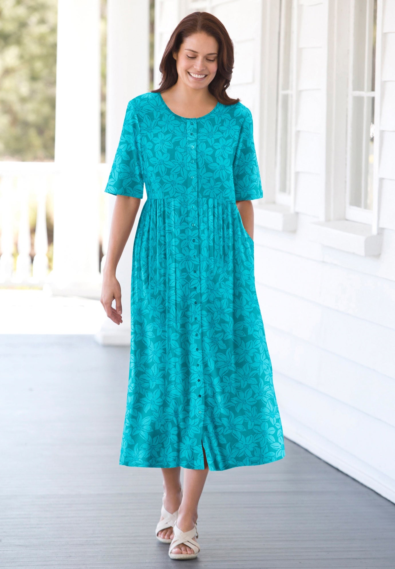 Button-Front Elbow-Sleeve Knit Dress image number 0