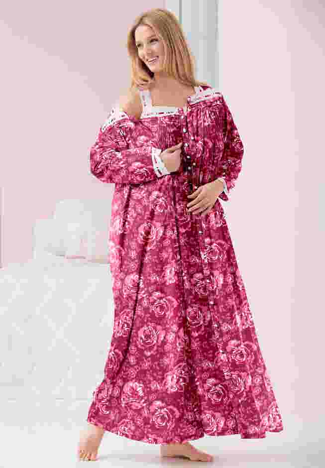 Long 2-Piece Cabbage-Rose Peignoir Set image number 1