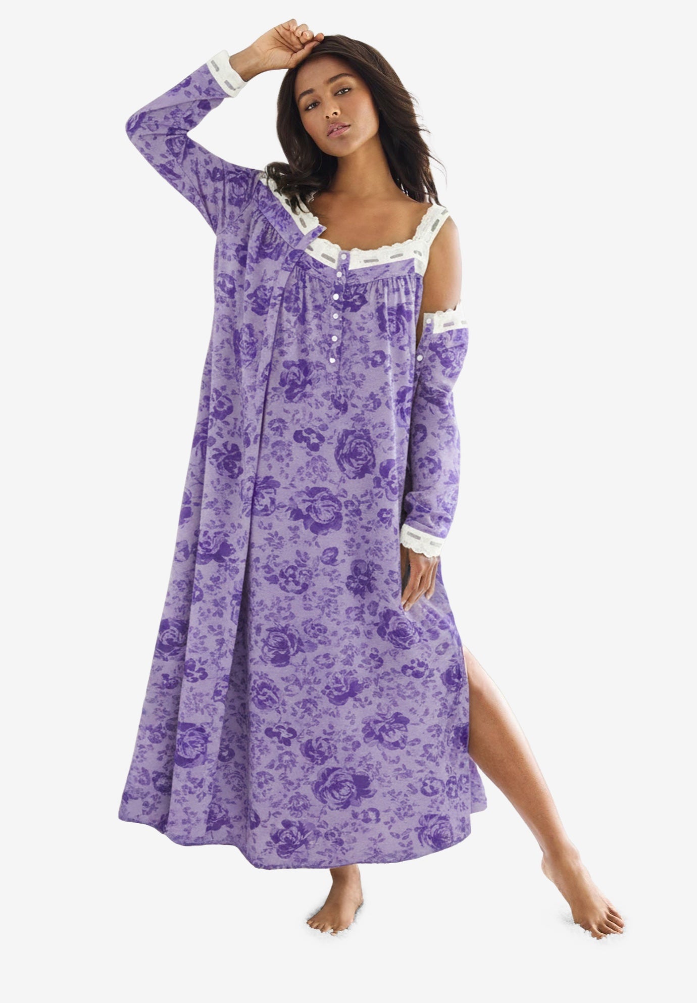 Long 2-Piece Cabbage-Rose Peignoir Set image number 0