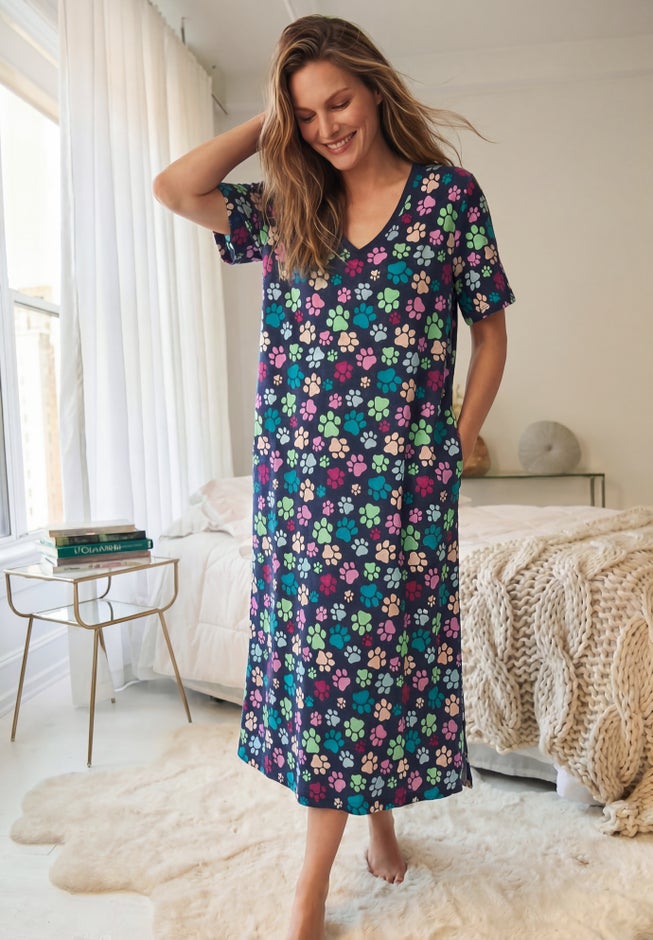 V-Neck Short Sleeve Midi Cotton Sleep Shirt image number 5