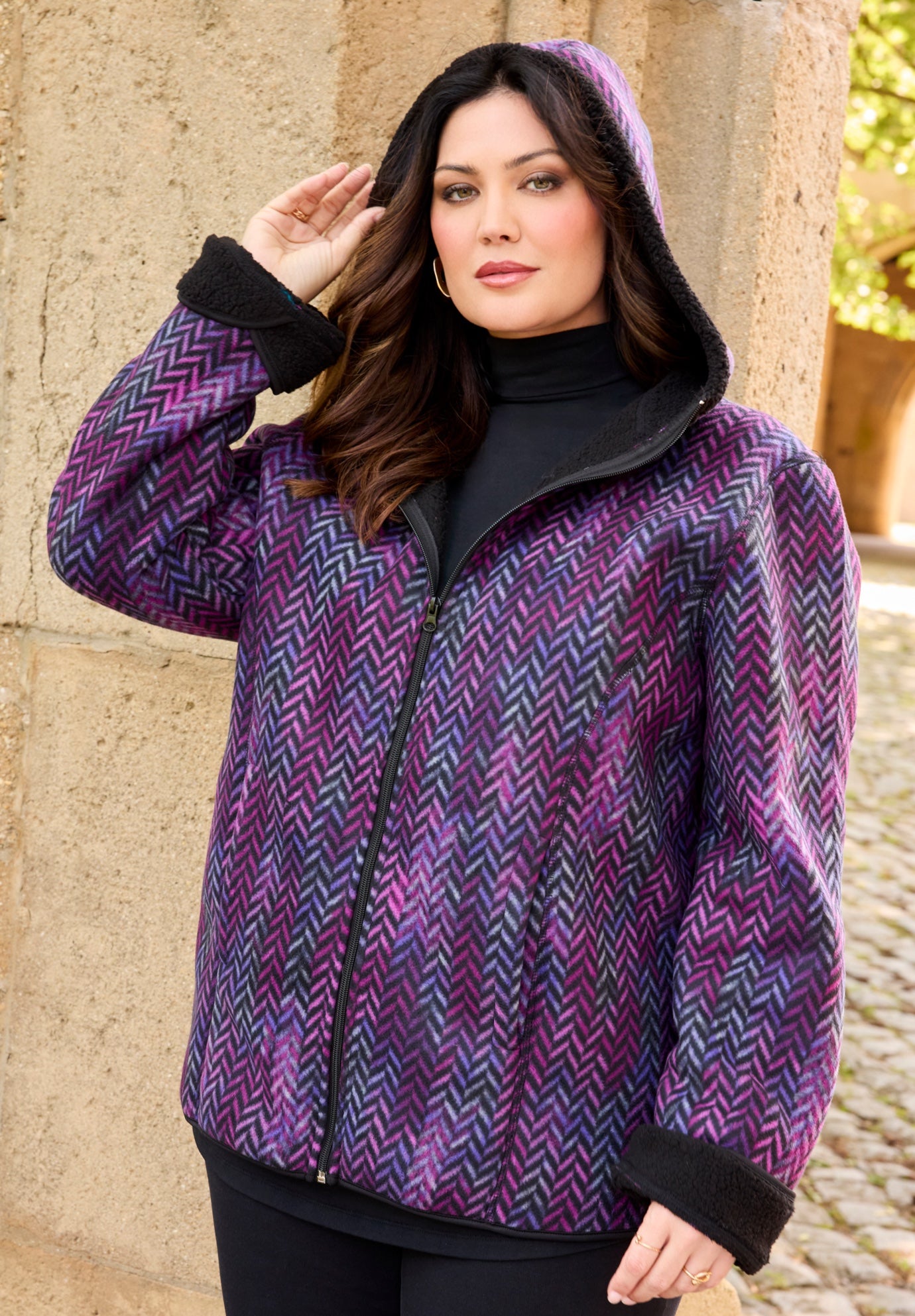 Printed Fleece Coat with Sherpa Lining image number 4