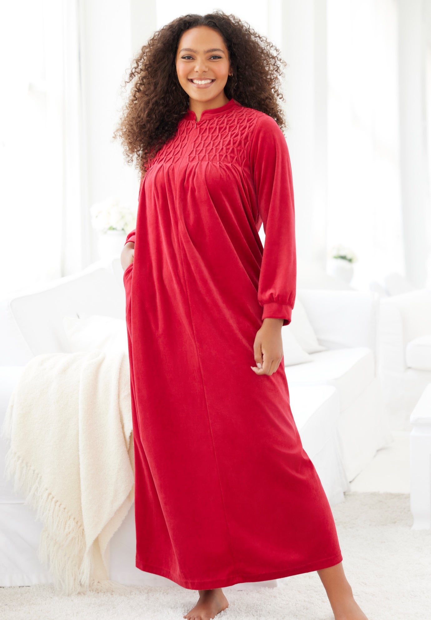 Smocked Velour Long Robe image number 5