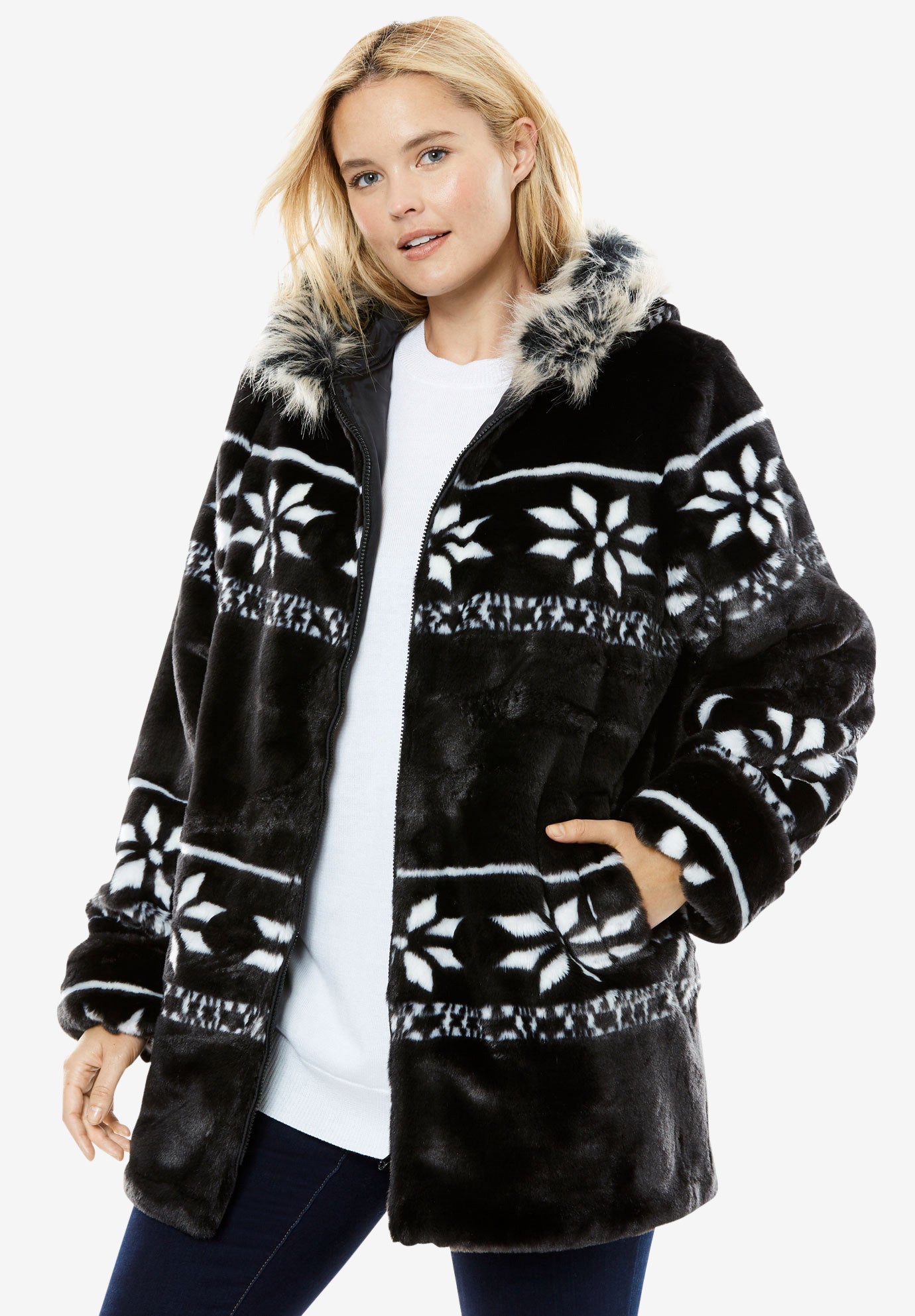 Faux Fur Snowflake Print Hooded Jacket image number 0