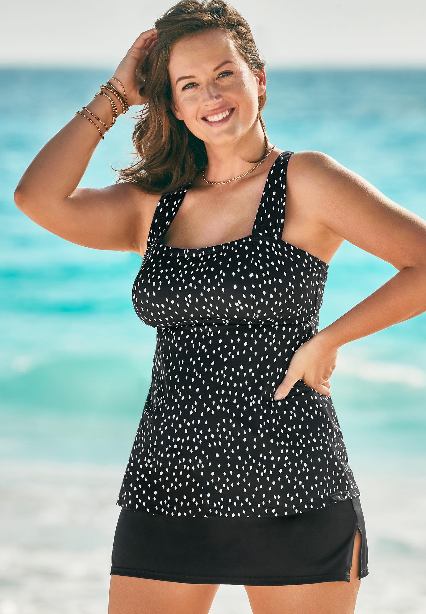 Tie-Back Tankini Set with Side Slit Skirt, 