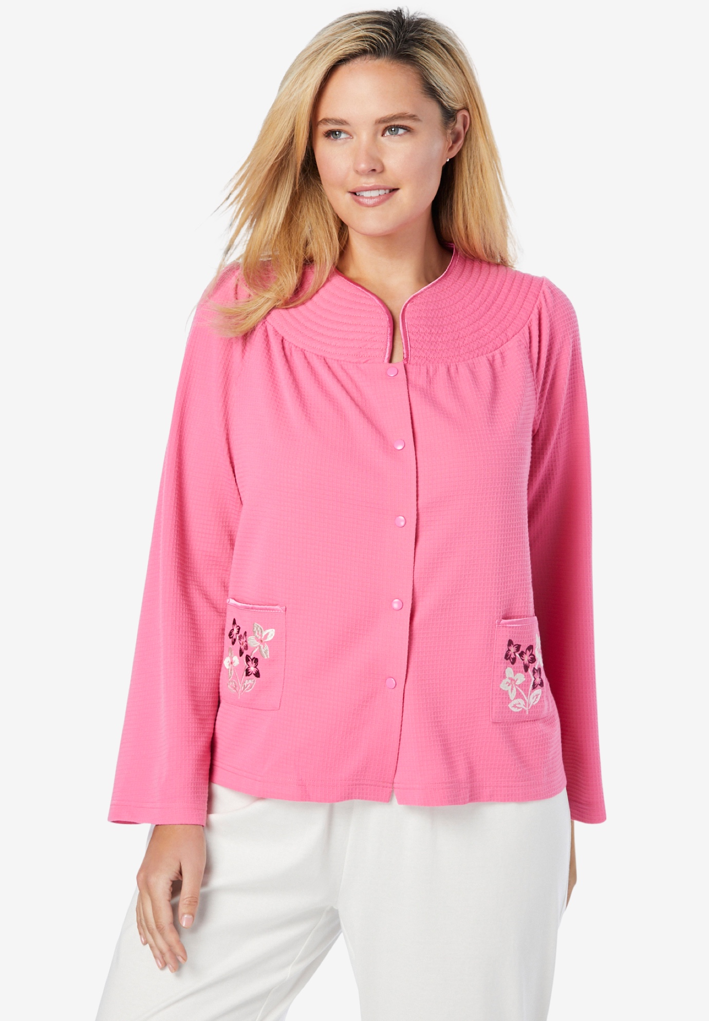 Short Waffle Knit Embroidered Bed Jacket, 